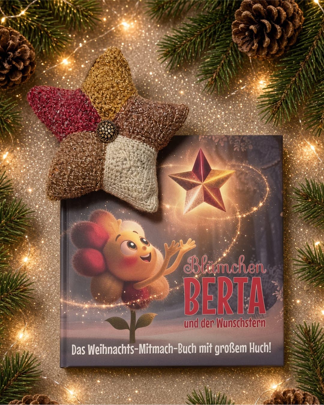 Das Weihnachtsbuch Blümchen Berta und der Wunschstern mit gehäkeltem Wunschstern zwischen Tannenzweigen