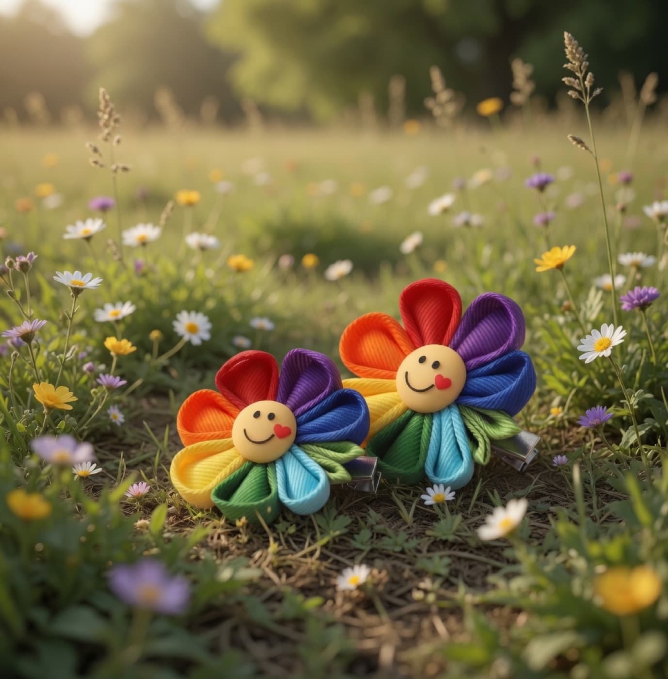 Zwei Berta-Haarklammern mit Regenbogen-Blütenblättern auf einer Blumenwiese