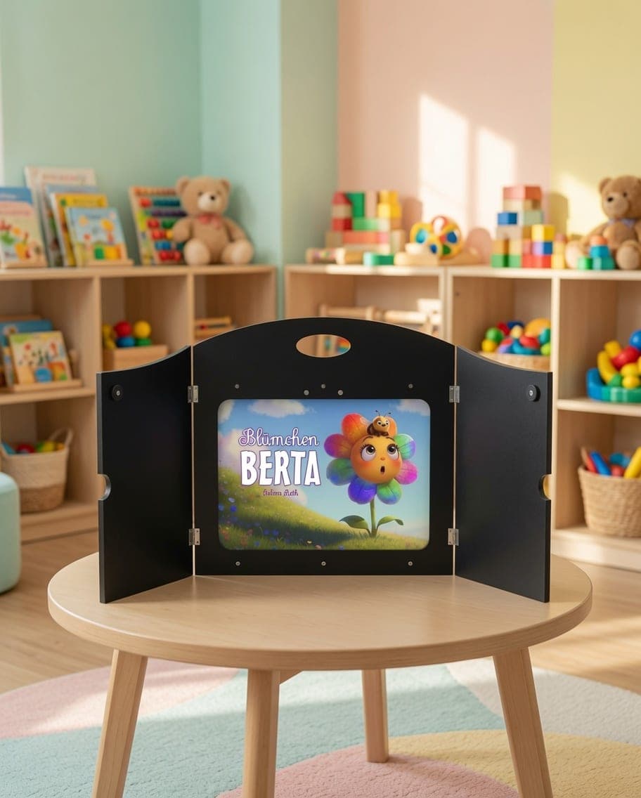 Das Blümchen Berta Kamishibai steht auf einem Tisch in einer Kita