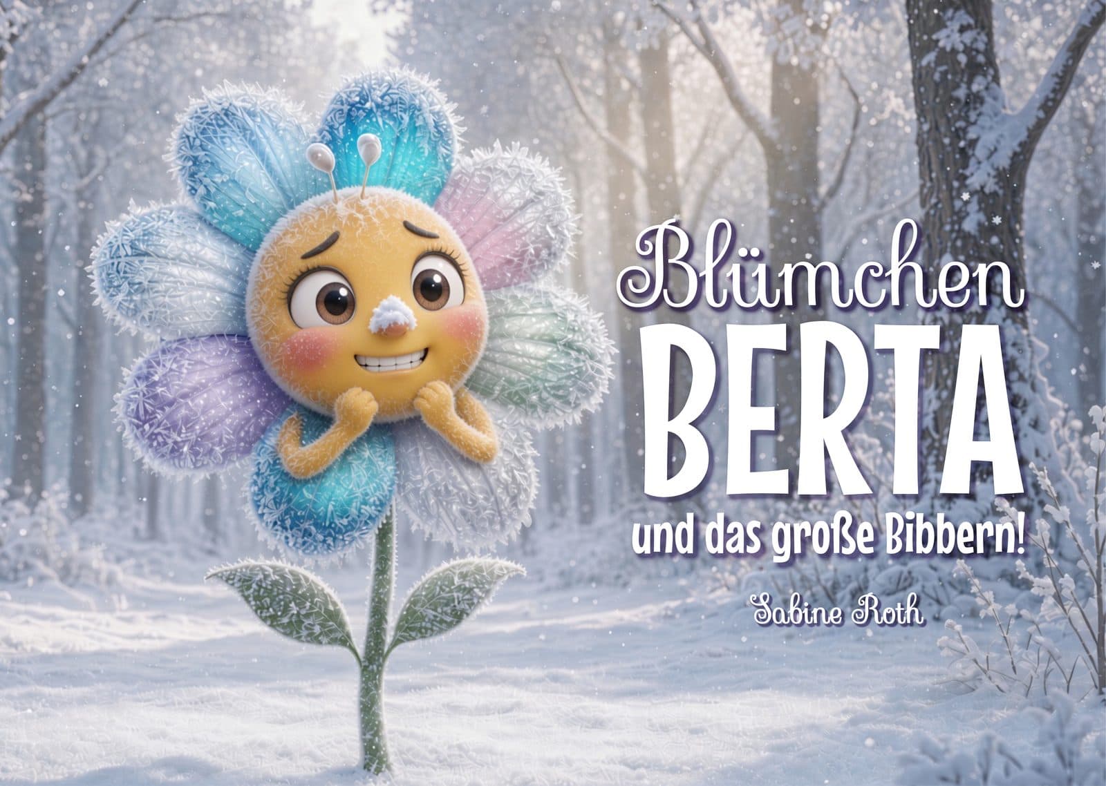 Titelbild „Blümchen Berta und das große Bibbern“: Berta mit Eiskristall-Blütenblättern im verschneiten Wald