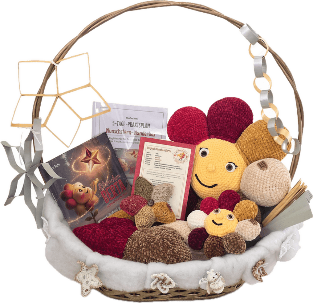 Weidenkorb mit Weihnachtsbuch, Praxisplan, gehäkelten Bertas und goldenen Papierketten