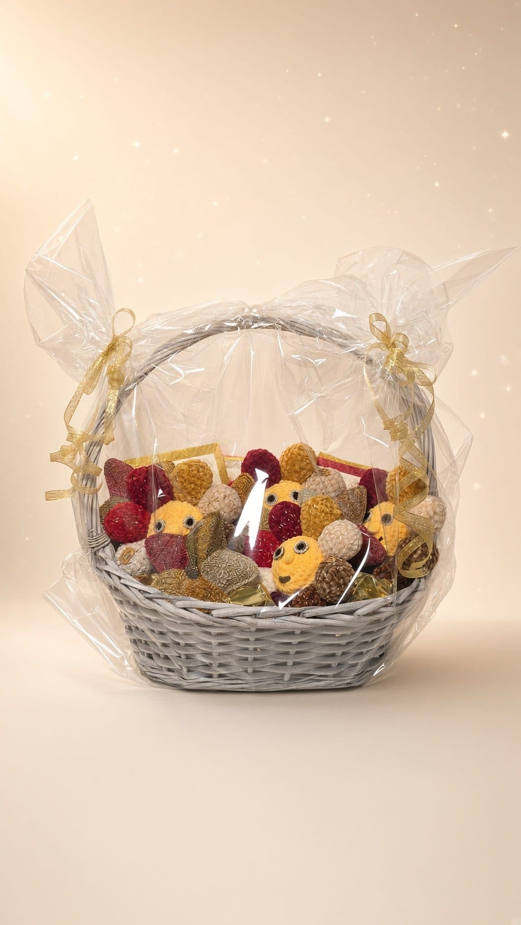 Der fertig gepackte Geschenkkorb mit gehäkelten Blumen, in Folie und mit goldenen Schleifen