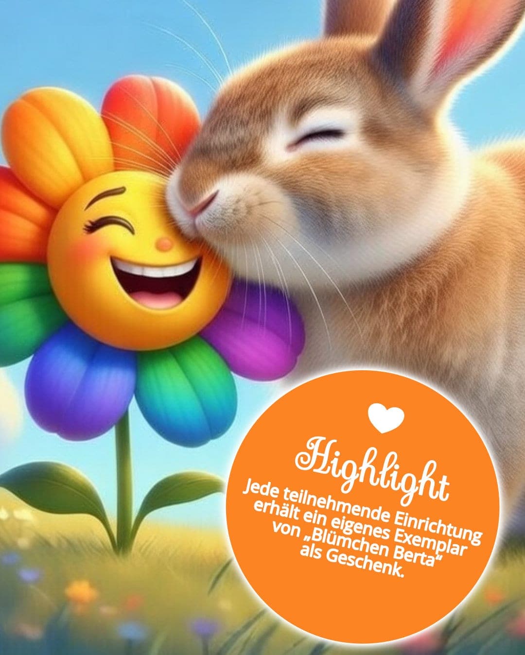 Blümchen Berta mit Hase. Jede teilnehmende Einrichtung erhält ein eigenes Exemplar des Kamishibai als Geschenk.