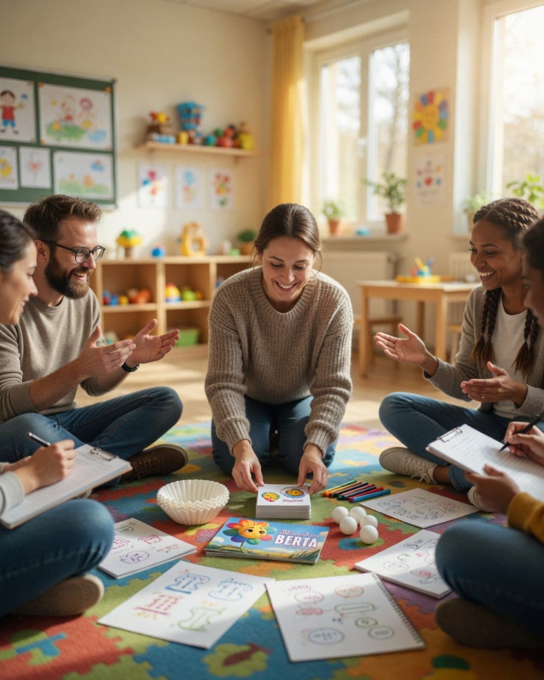 Seminarteilnehmer:innen basteln gemeinsam auf dem Boden