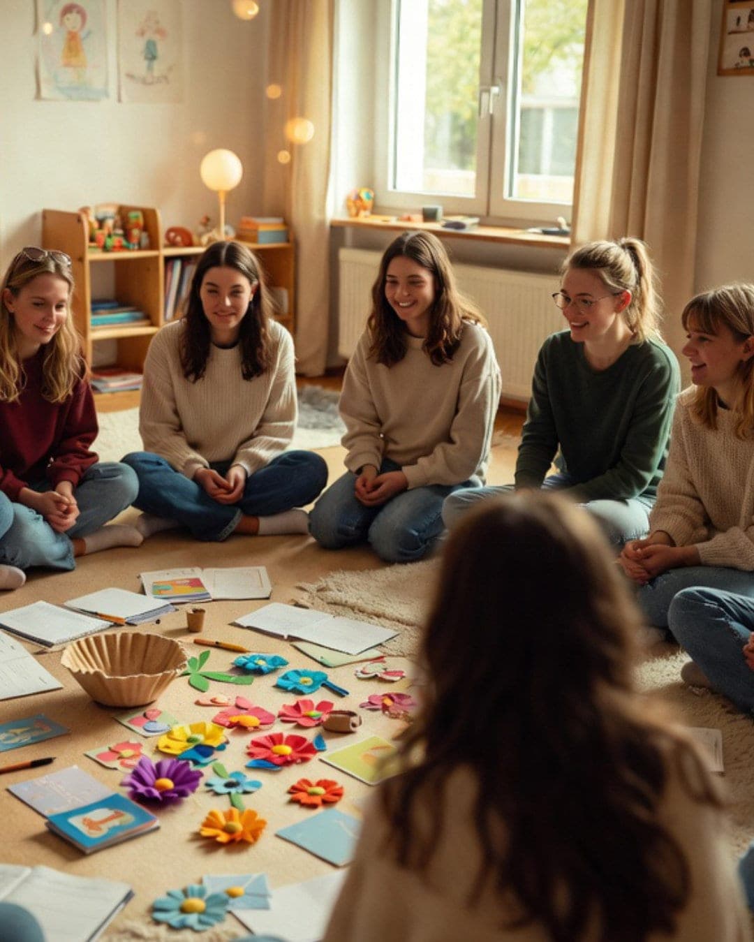 Erzieherinnen im Seminar mit Bastelblumen