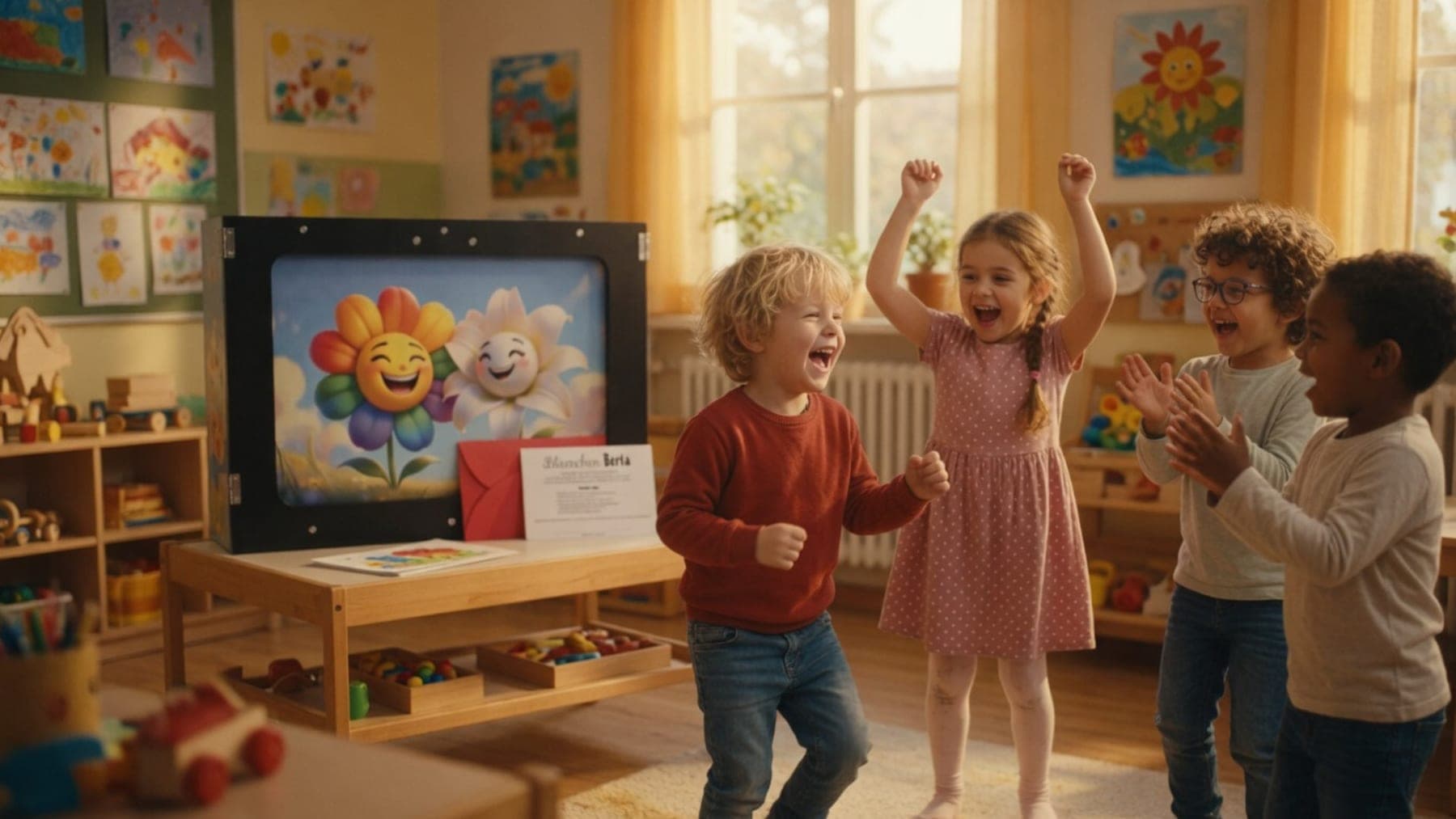 Kinder jubeln und tanzen vor dem Blümchen Berta Kamishibai