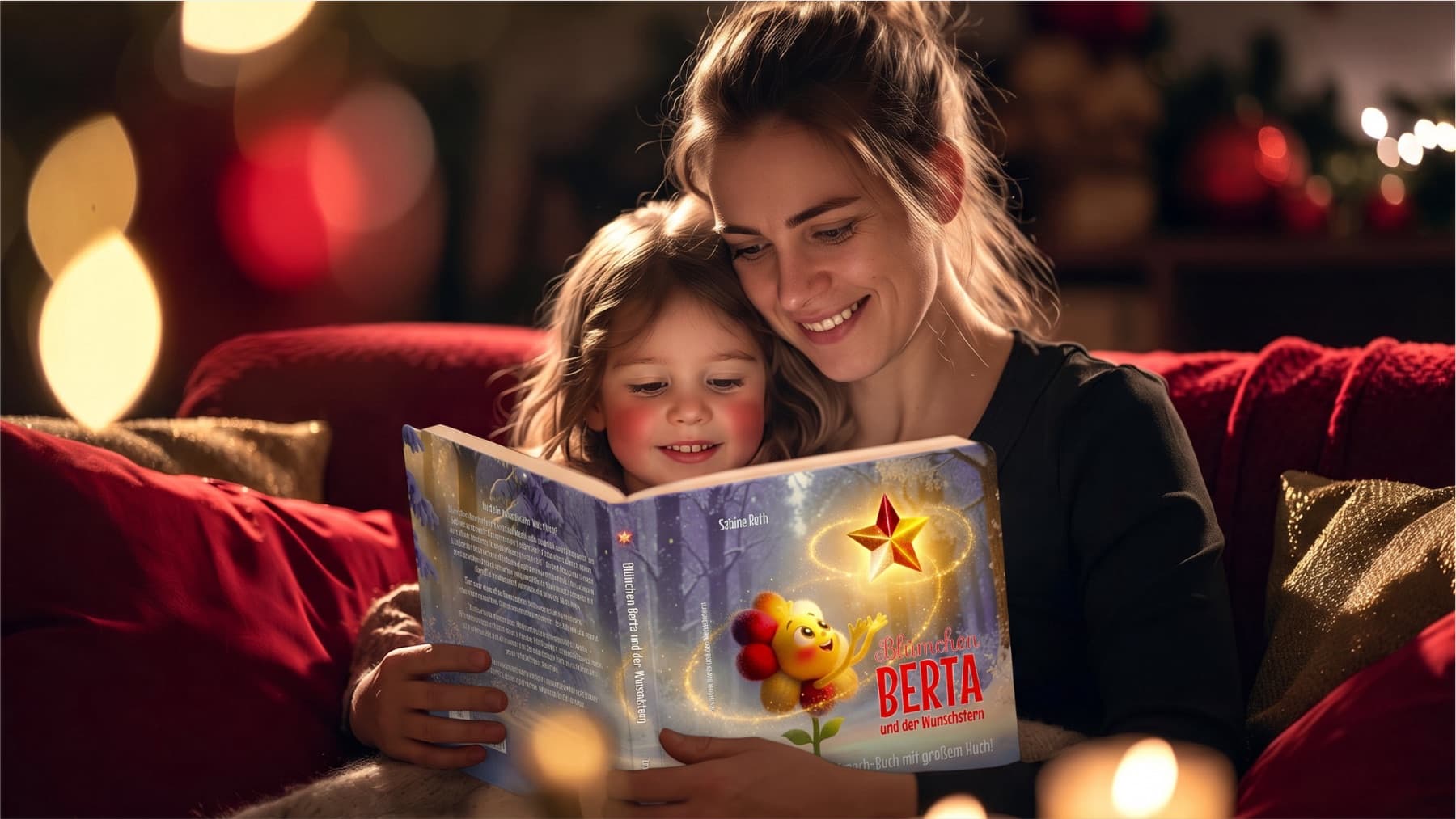 Eine Mutter liest ihrer Tochter bei Kerzenlicht aus dem Weihnachtsbuch vor