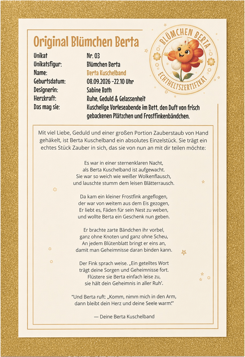 Die nummerierte Unikat-Urkunde mit Steckbrief und Gedicht